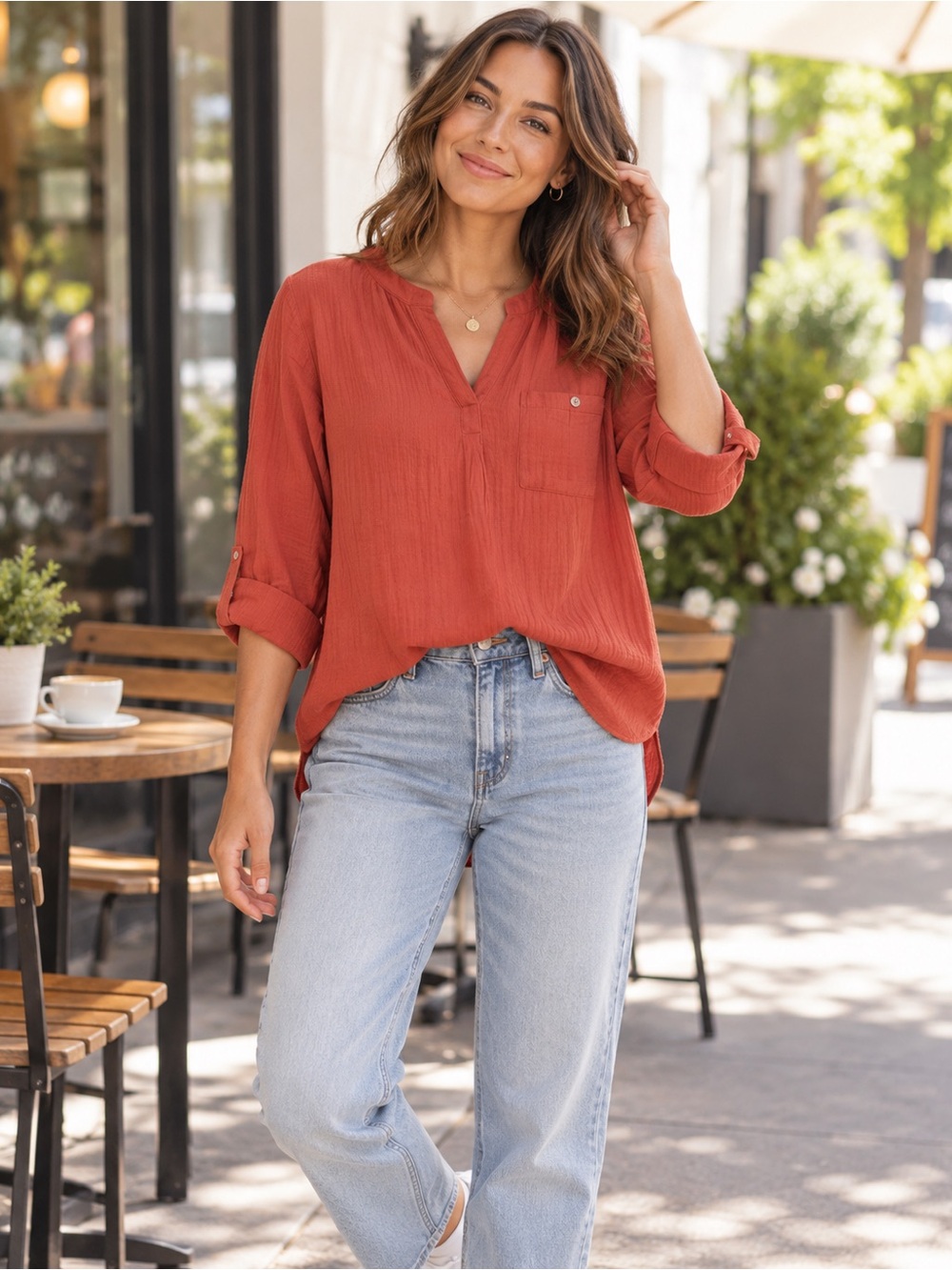 Soft Surroundings Sorano Orange Gauze Roll-Tab Blouse Medium